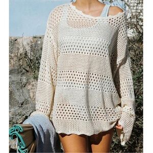 CUPSHE Crochet Cream Knit Swimsuit Coverup Long Sleeve Swim Cover Dress